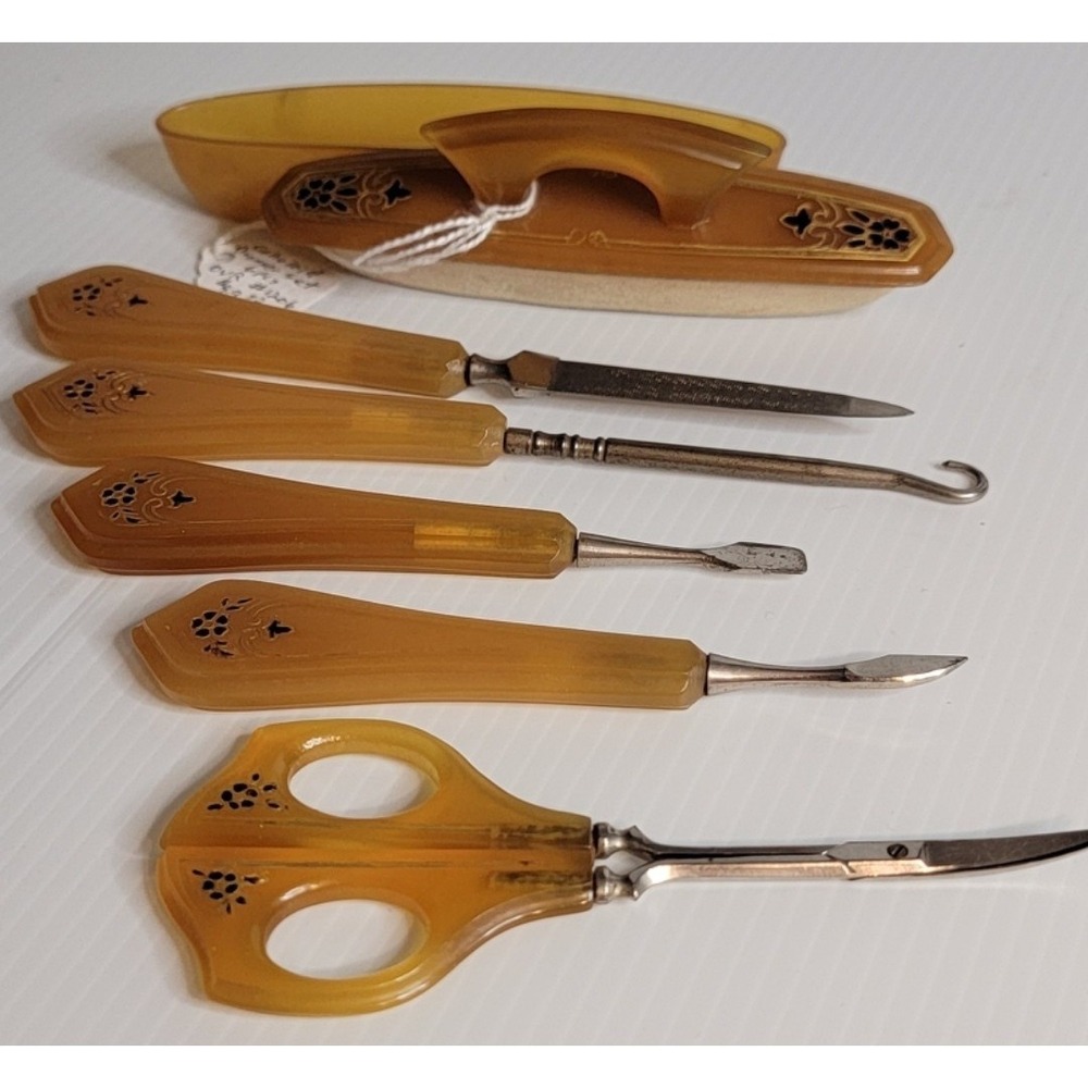 Vintage Amber Celluloid 6 Piece manicure set From 1920s In Wood See Through Case